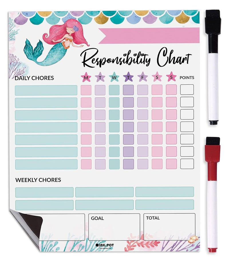 Inkdotpot Magnetic Dry Erase Weekly/Daily Chore Chart for Kids, Reward and Good Behavior Schedule Board With 2 Markers (Mermaid) - Image 1