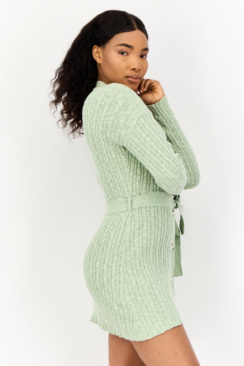 In the style Women Crochet Tied Sweater Dress, Sage - Image 2