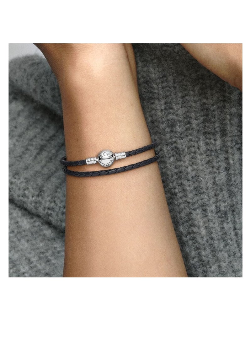 Pandora Violet Pandora Moments Double Black Leather Bracelet  - Image 2