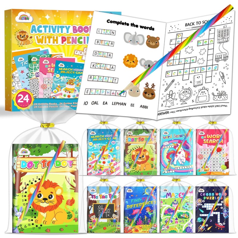 ZMLM Activity Books Party Favors for Kids: 24 Pack Activity Books for Kids Ages 4-8 8-12 with Colored Pencils,mini Puzzles Books,used for Classroom Prizes,Easter Basket Stuffers,Birthday Gifts. - Image 1