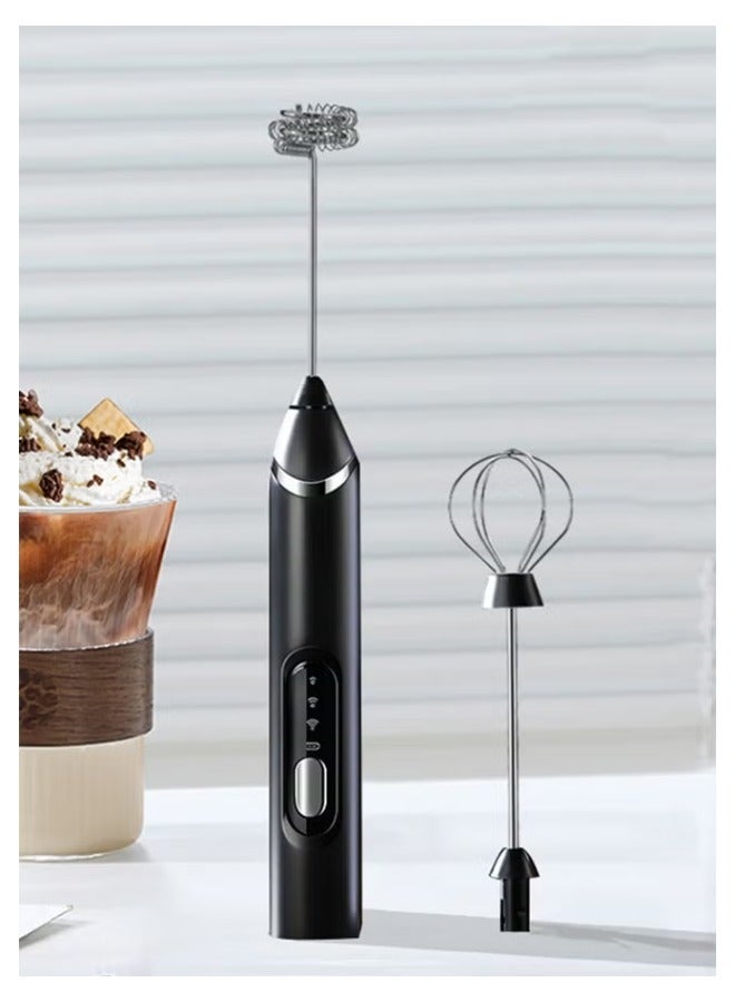 Electric Milk Frother with 2 Whisk Heads, USB Rechargeable 3-Speed Coffee Foam Maker for Latte, Cappuccino, Hot Chocolate, and Eggs (Black) - Image 1