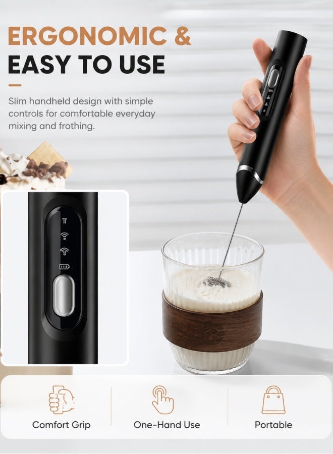 Electric Milk Frother with 2 Whisk Heads, USB Rechargeable 3-Speed Coffee Foam Maker for Latte, Cappuccino, Hot Chocolate, and Eggs (Black) - Image 3