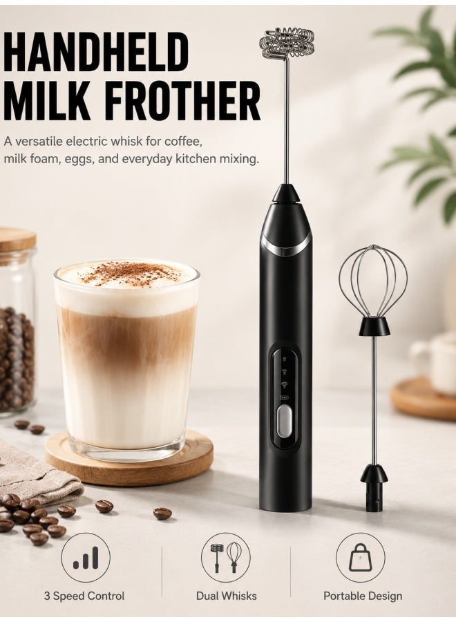 Electric Milk Frother with 2 Whisk Heads, USB Rechargeable 3-Speed Coffee Foam Maker for Latte, Cappuccino, Hot Chocolate, and Eggs (Black) - Image 1