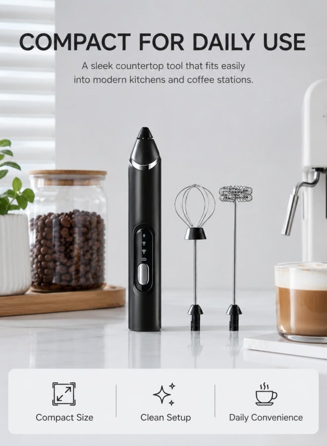 Electric Milk Frother with 2 Whisk Heads, USB Rechargeable 3-Speed Coffee Foam Maker for Latte, Cappuccino, Hot Chocolate, and Eggs (Black) - Image 4