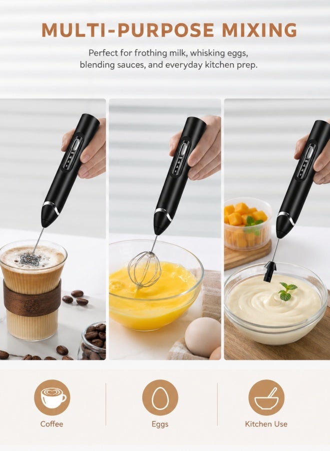 Electric Milk Frother with 2 Whisk Heads, USB Rechargeable 3-Speed Coffee Foam Maker for Latte, Cappuccino, Hot Chocolate, and Eggs (Black) - Image 2