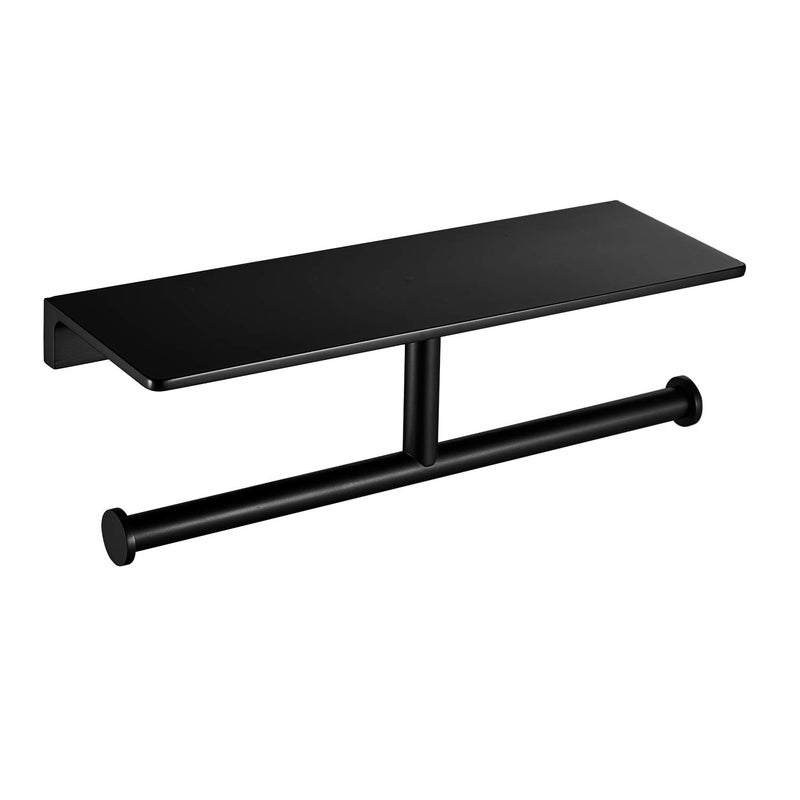 Double Roll Toilet Paper Holder with Shelf Solid Brass and Superior Hotel Style Tissue Dispenser Spared Storage Matte Black Finish