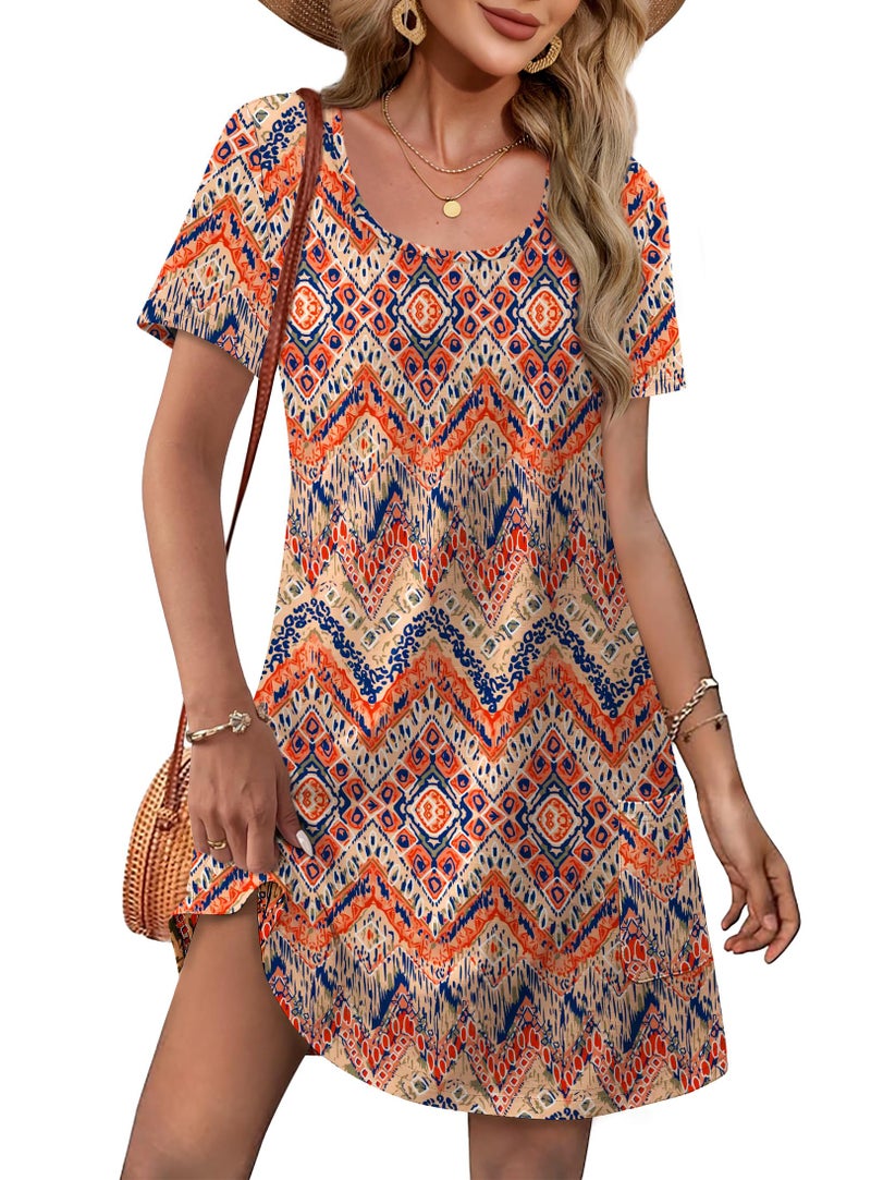 OFEEFAN Summer Dresses for Women 2026 U Neck Coverup Casual Short Sleeve Tshirts Dress with Pockets Casual Sundresses Beach Vacation Clothes Floral 01 M - Image 1