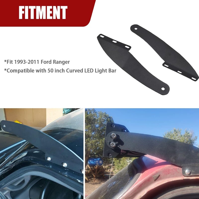 Wsays XJMOTO Upper Windshield Roof Mount Brackets for 50 inch Curved Off-road LED Light Bar - Fits 1993-2011 Ford Ranger Models - Image 2