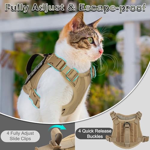 nanappice Tactical Cat Harness and Leash Set for Walking, Adjustable Escape Proof Pet Vest for Large Cat, Easy Control Breathable Vest with Handle，Molle Patches (Khaki+Leash, L) - Image 4