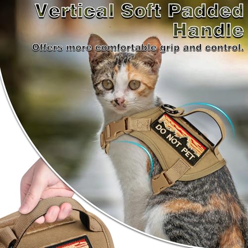nanappice Tactical Cat Harness and Leash Set for Walking, Adjustable Escape Proof Pet Vest for Large Cat, Easy Control Breathable Vest with Handle，Molle Patches (Khaki+Leash, L) - Image 2