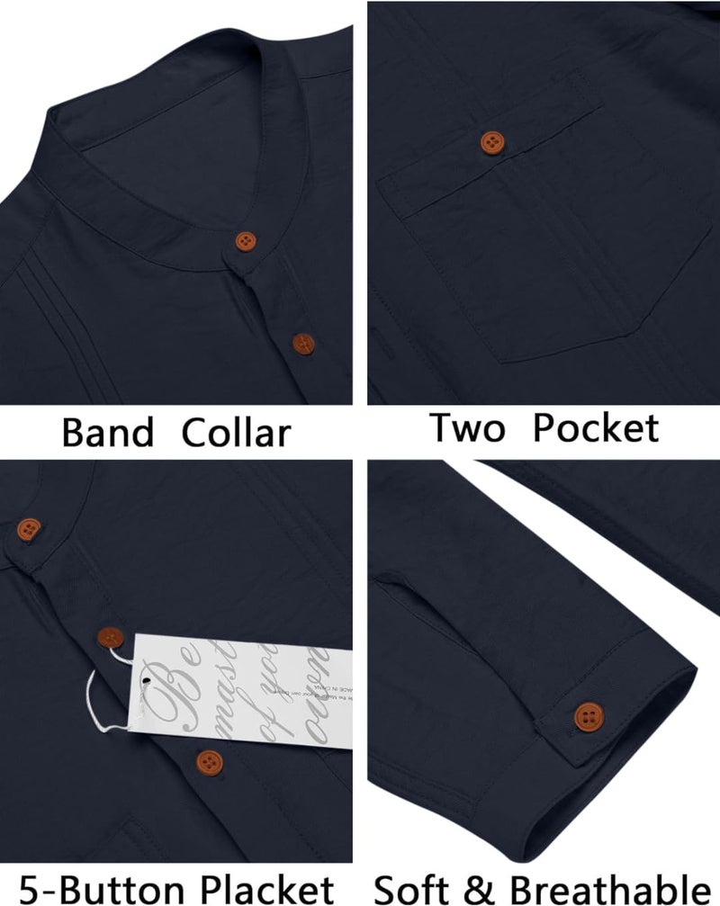 Macsivo Cotton Blend Solid Casual Short Kurta for Men Long Sleeve Mandarin Collar Stylish Shirt Kurta for Men Navy - Image 4