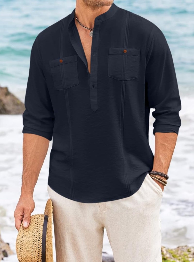 Macsivo Cotton Blend Solid Casual Short Kurta for Men Long Sleeve Mandarin Collar Stylish Shirt Kurta for Men Navy - Image 2