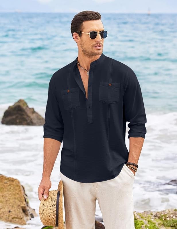 Macsivo Cotton Blend Solid Casual Short Kurta for Men Long Sleeve Mandarin Collar Stylish Shirt Kurta for Men Navy - Image 5