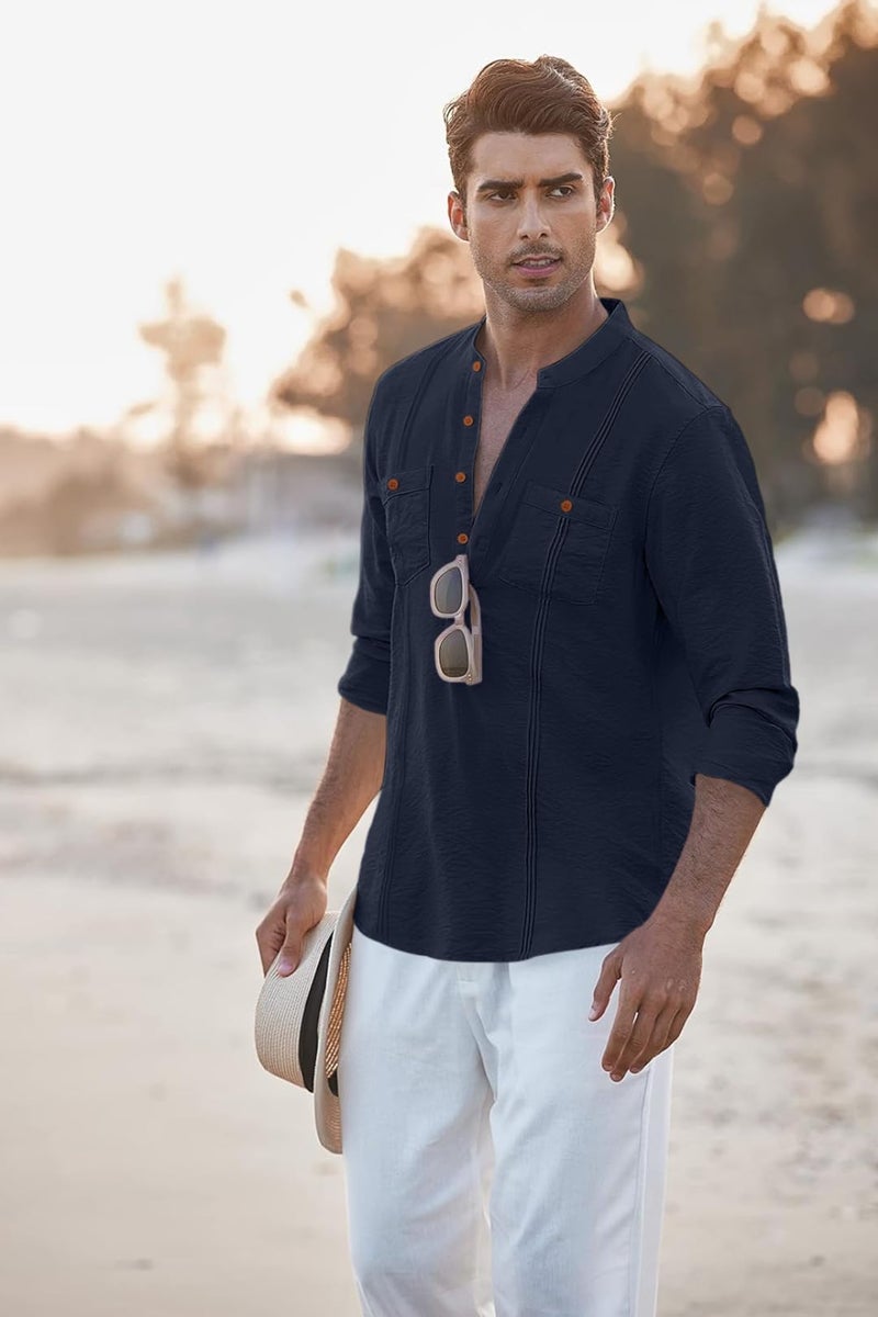 Macsivo Cotton Blend Solid Casual Short Kurta for Men Long Sleeve Mandarin Collar Stylish Shirt Kurta for Men Navy - Image 3