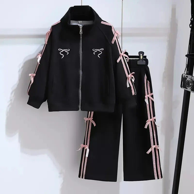 Girls Spring and Autumn New Internet Celebrity Fried Street Bow suit Fashionable Zipper Cardigan Two-Piece Set Black