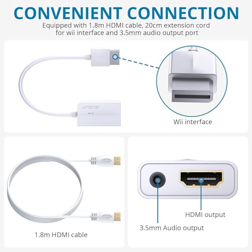 AUTOUTLET Wii to HDMI Converter 1080P with 6ft High Speed HDMI Cable Wii2 HDMI Adapter with Blue Indicator, Output Video&Audio with 3.5mm Jack Audio Compatible with Full HD Devices - Image 4