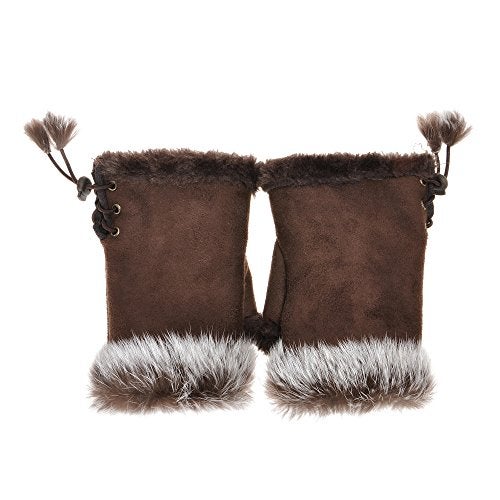 ZLYC Women Teen Classic Winter Warm Rabbit Fur Hands Wrist Fingerless Gloves Mittens Brown - Image 1