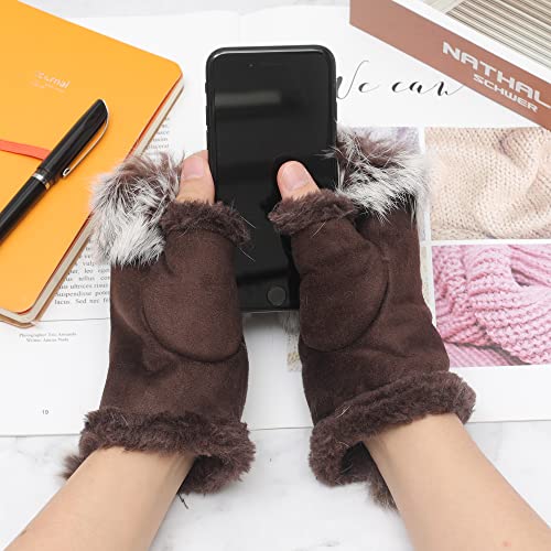 ZLYC Women Teen Classic Winter Warm Rabbit Fur Hands Wrist Fingerless Gloves Mittens Brown - Image 3
