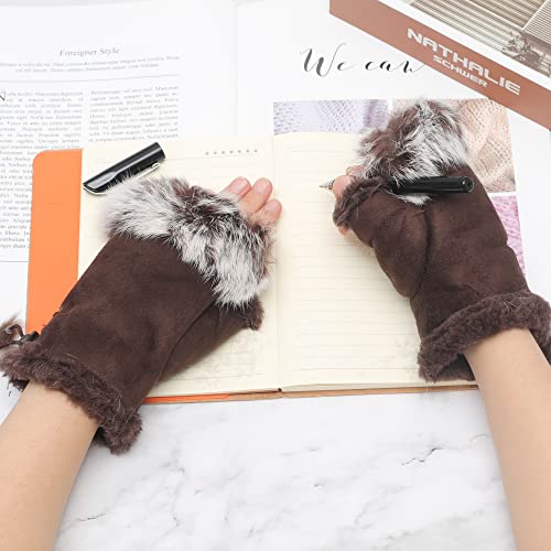 ZLYC Women Teen Classic Winter Warm Rabbit Fur Hands Wrist Fingerless Gloves Mittens Brown - Image 2