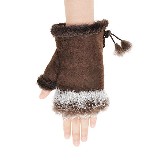 ZLYC Women Teen Classic Winter Warm Rabbit Fur Hands Wrist Fingerless Gloves Mittens Brown - Image 4
