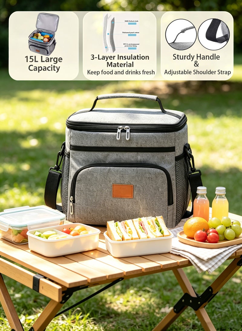 viola Lunch Bags 15L Insulated Cooler Bag for Men Women, Reusable Insulated Waterproof Lunch Bag for Office Work School Picnic Beach Gym (Grey) - Image 1