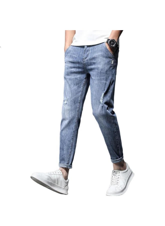 Playboy Denim Jeans For Men, Ripped, Spring And Summer Pants, Straight-Leg Trousers, Casual Slim-Fit Ankle-Length Pants, Blue, Size 32 - Image 2