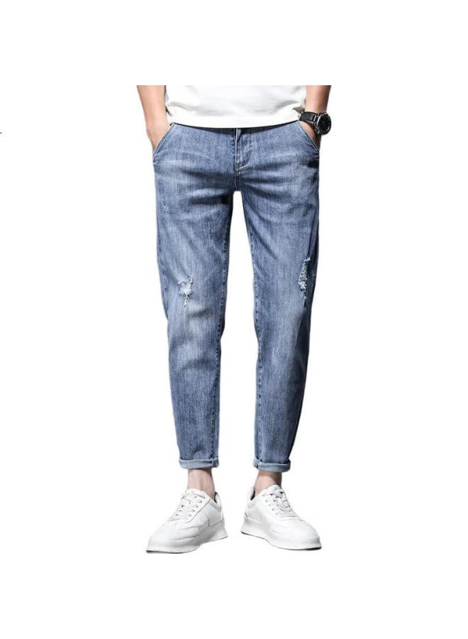 Playboy Denim Jeans For Men, Ripped, Spring And Summer Pants, Straight-Leg Trousers, Casual Slim-Fit Ankle-Length Pants, Blue, Size 32 - Image 1