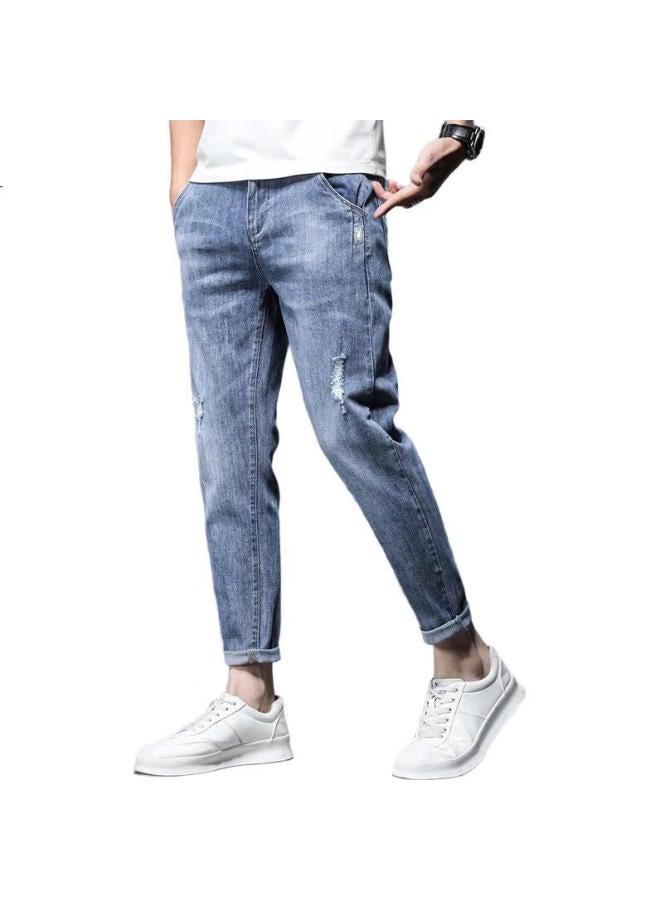 Playboy Denim Jeans For Men, Ripped, Spring And Summer Pants, Straight-Leg Trousers, Casual Slim-Fit Ankle-Length Pants, Blue, Size 32 - Image 3