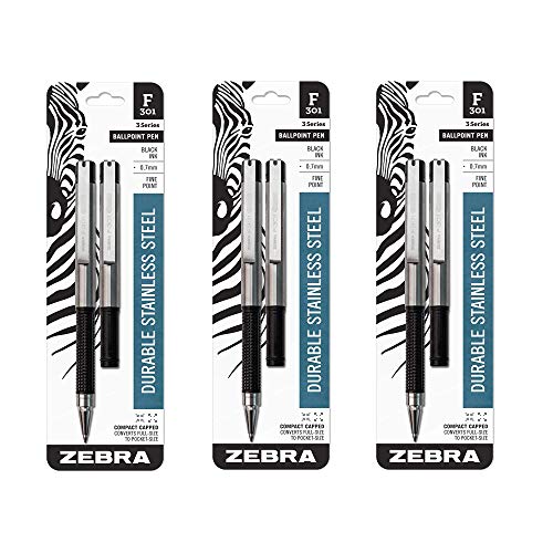 Zebra Technologies Zebra Pen F-301 Compact Ballpoint Stainless Steel Retractable Pen, Fine Point, 0.7mm, Black Ink, 2-Count (3 PACK) - Image 4