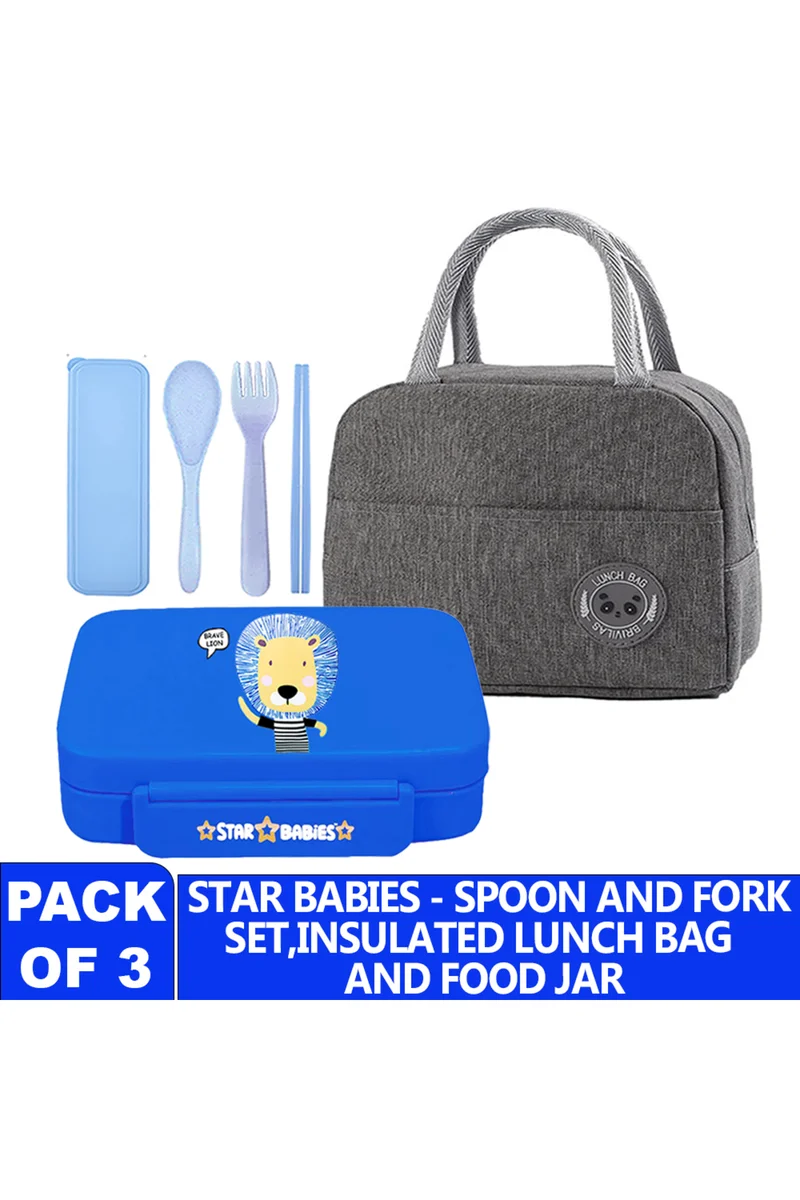 STAR BABiES Star Babies Insulated Mini Lunch Bag with 5 Compartment Lunch Box and Fork-Spoon Set- Gray