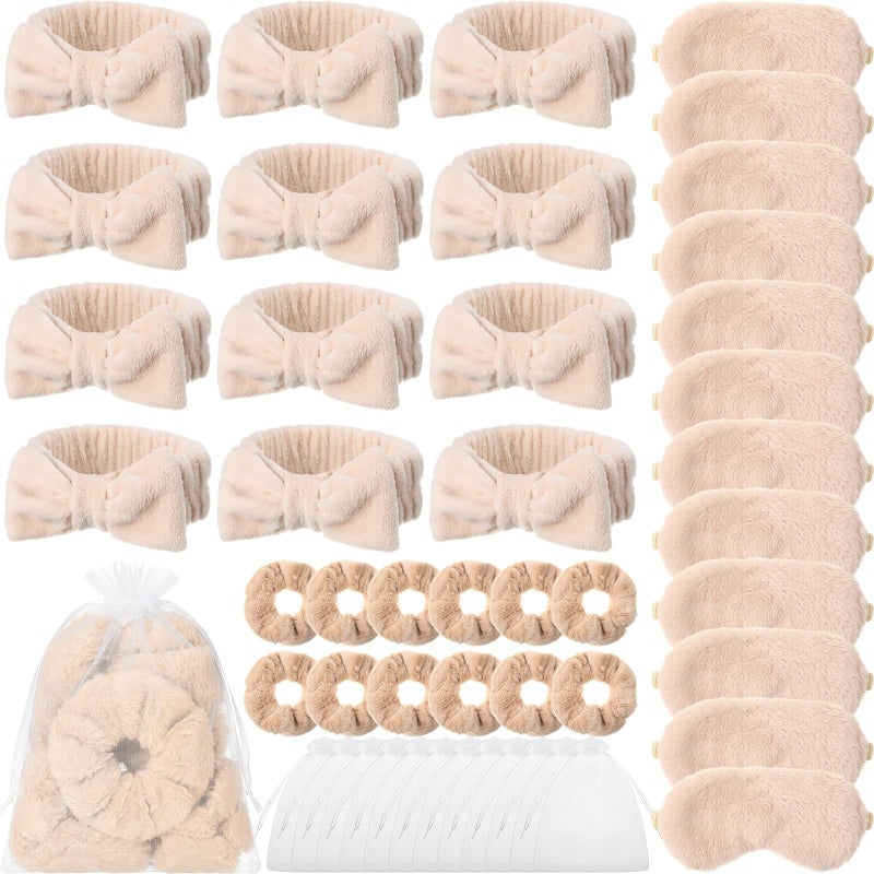 Mimorou 48 Pieces Galentine Spa Party Supplies 12 Spa Headband 12 Plush Sleep Eye Mask 12 Velvet Scrunchies 12 Organza Bags for Sleepover Slumber Party Favors Valentine Gift(Beige) - Image 1