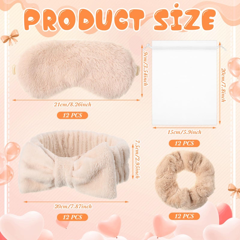 Mimorou 48 Pieces Galentine Spa Party Supplies 12 Spa Headband 12 Plush Sleep Eye Mask 12 Velvet Scrunchies 12 Organza Bags for Sleepover Slumber Party Favors Valentine Gift(Beige) - Image 2