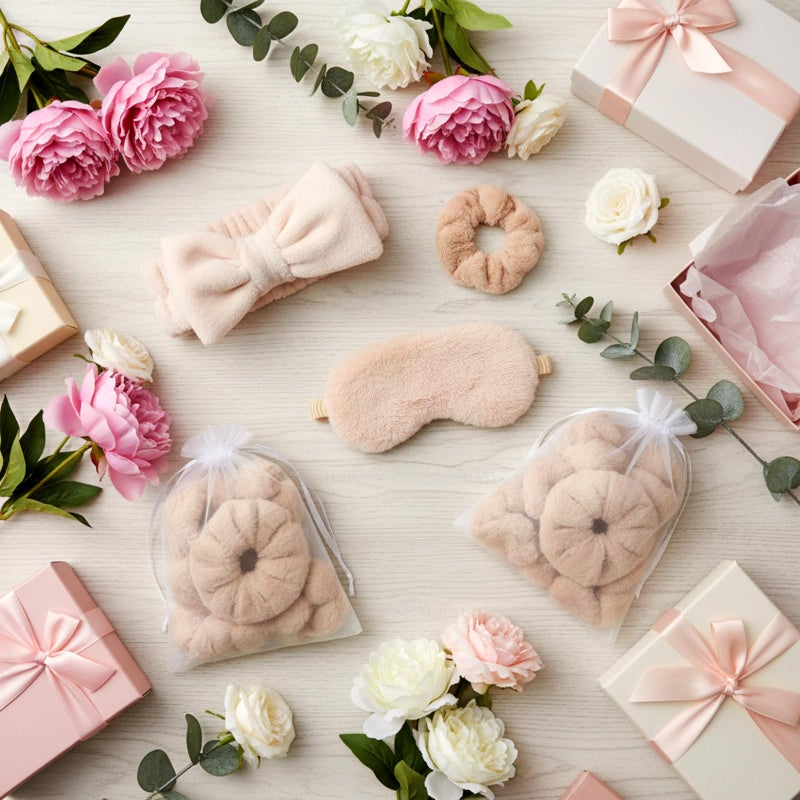 Mimorou 48 Pieces Galentine Spa Party Supplies 12 Spa Headband 12 Plush Sleep Eye Mask 12 Velvet Scrunchies 12 Organza Bags for Sleepover Slumber Party Favors Valentine Gift(Beige) - Image 4
