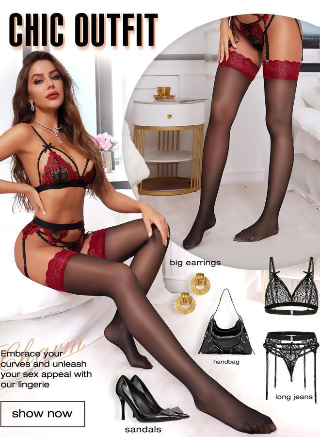 RSLOVE Women's Lace Top Thigh High Sheer Stockings Antiskid Silicone Ultra Shimmery Pantyhose, Black Red, One size - Image 3