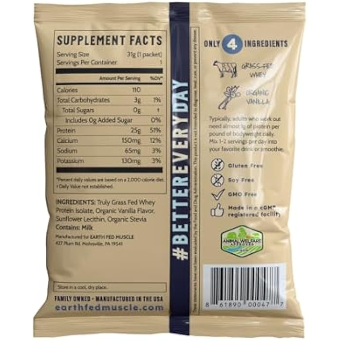 Earth Fed Muscle Whey Back Irish Grass Fed Whey Protein Isolate - NSF-Certified. No Artificial Ingredients, Soy Free, Gluten Free, Non-GMO and Hormone Free (1 Serving, Vanilla) - Image 2