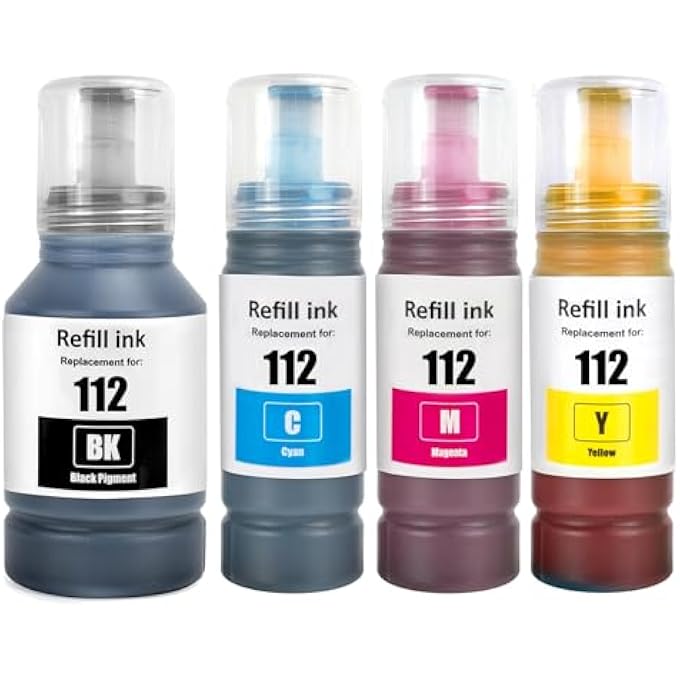 112 INK COMPATIBLE WITH EPSON 112 C13T06C14A C13T06C24A C13T06C34A C13T06C44A INK CONTAINER REFILL INK MULTIPACK FOR ECOTANK L6490 L6550 L6570 L6580 L1116 0 L15 0150 L15160 L15180(4-PACK) - Image 1