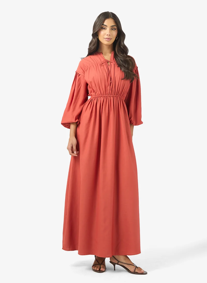 Ruched Waist Long Sleeves Maxi Dress