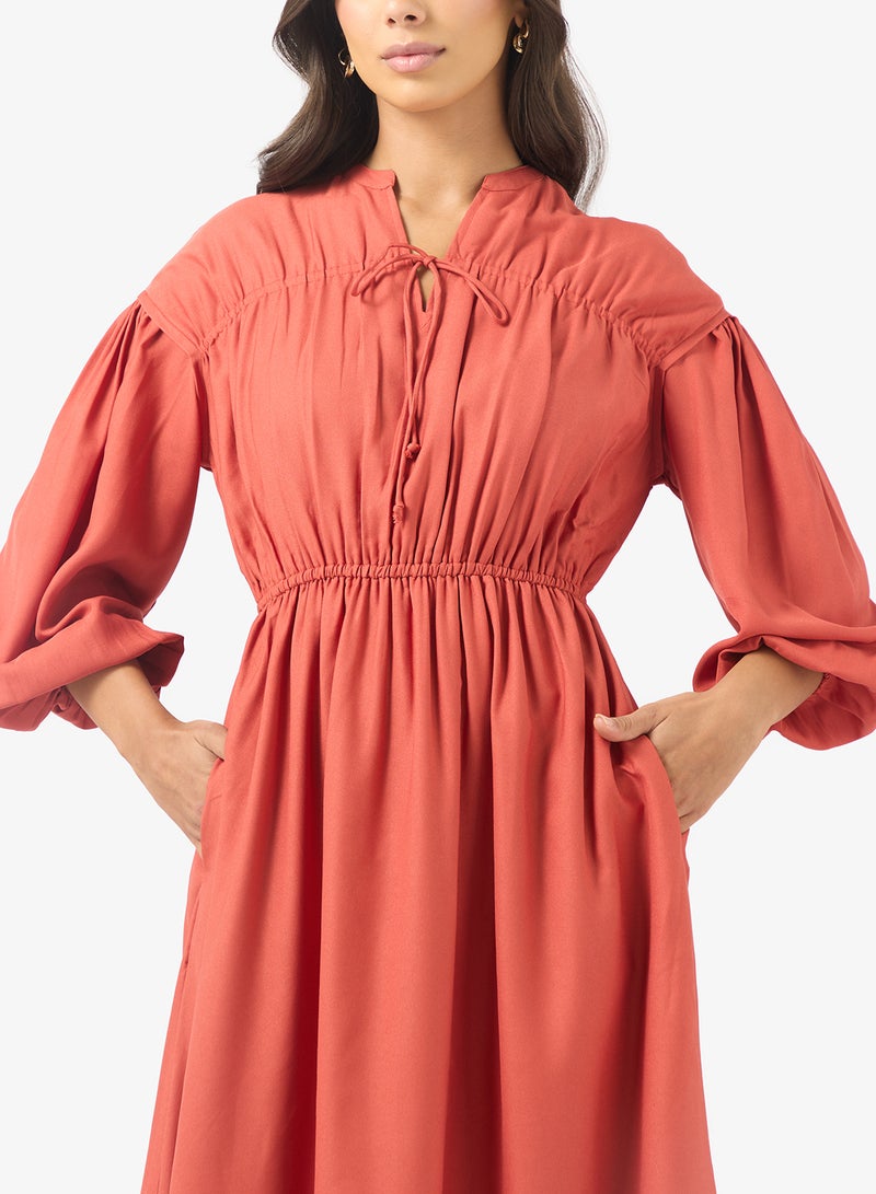 BCBG Ruched Waist Long Sleeves Maxi Dress - Image 3