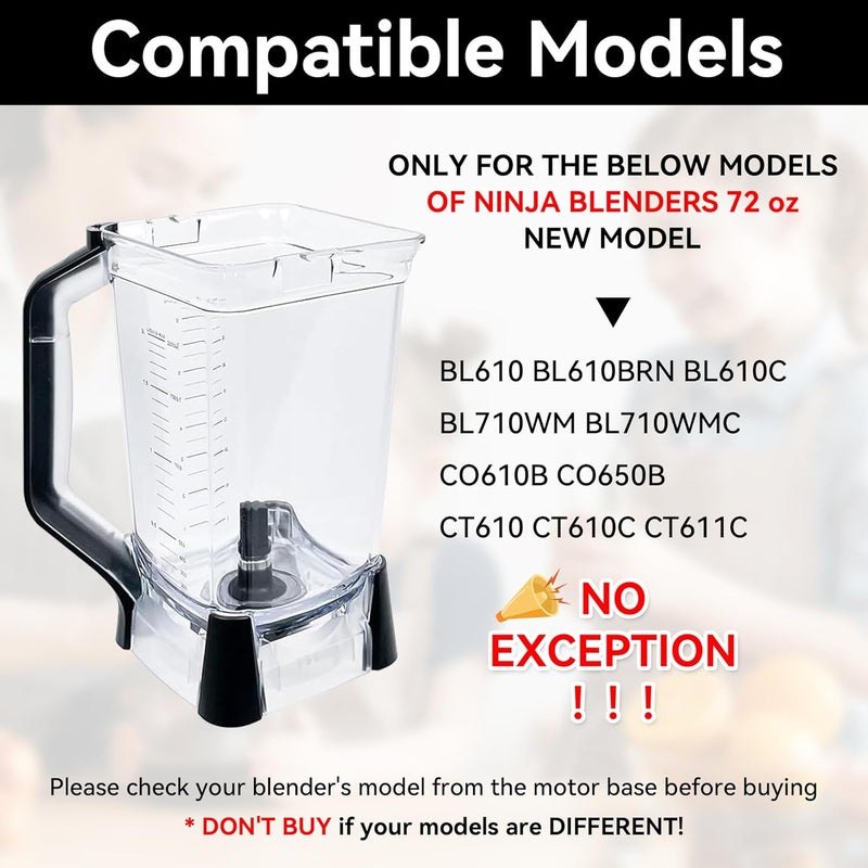 SettleDown Replacement Pitcher 72 oz XL Compatible with Ninja Blender (New Model) BL610,72oz Pitcher Blender Parts for Ninja BL710WM BL710WMC CO610B CO650B CT610,NEW Model Top Lid with Rim/Handle Extension ONLY - Image 2