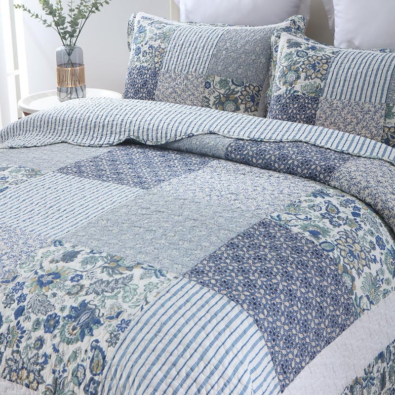 camandy Cotton Bedspread Quilt Bedding Sets 3 Pieces Reversible Coverlet Sets Comforters Vintage Floral Patchwork Blue Bedspread (Blue Vintage Floral, King Size) - Image 3