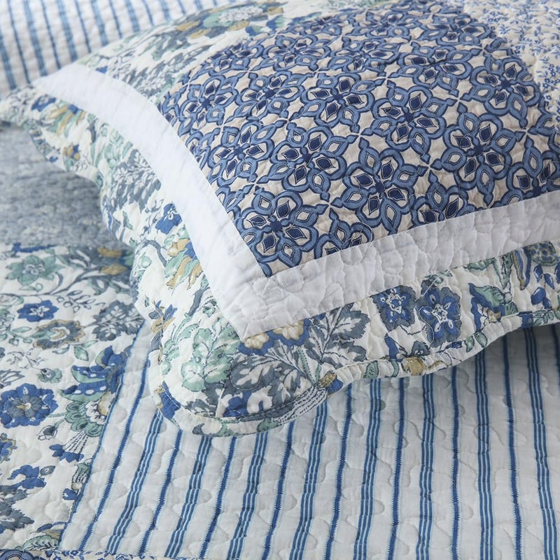 camandy Cotton Bedspread Quilt Bedding Sets 3 Pieces Reversible Coverlet Sets Comforters Vintage Floral Patchwork Blue Bedspread (Blue Vintage Floral, King Size) - Image 4