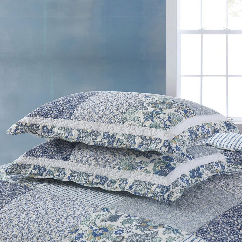 camandy Cotton Bedspread Quilt Bedding Sets 3 Pieces Reversible Coverlet Sets Comforters Vintage Floral Patchwork Blue Bedspread (Blue Vintage Floral, King Size) - Image 5