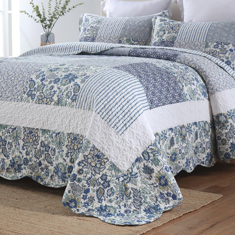 camandy Cotton Bedspread Quilt Bedding Sets 3 Pieces Reversible Coverlet Sets Comforters Vintage Floral Patchwork Blue Bedspread (Blue Vintage Floral, King Size) - Image 2