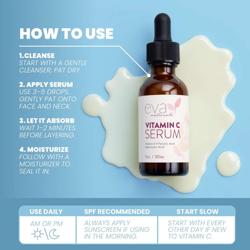 Eva Naturals Vitamin C Serum for Face - 20% Vit C with Hyaluronic Acid, Ferulic Acid & Vitamin E - Facial Serum for Dark Spots, Acne, Anti Aging, Glow & Even Skin Tone, 1 oz - Image 5