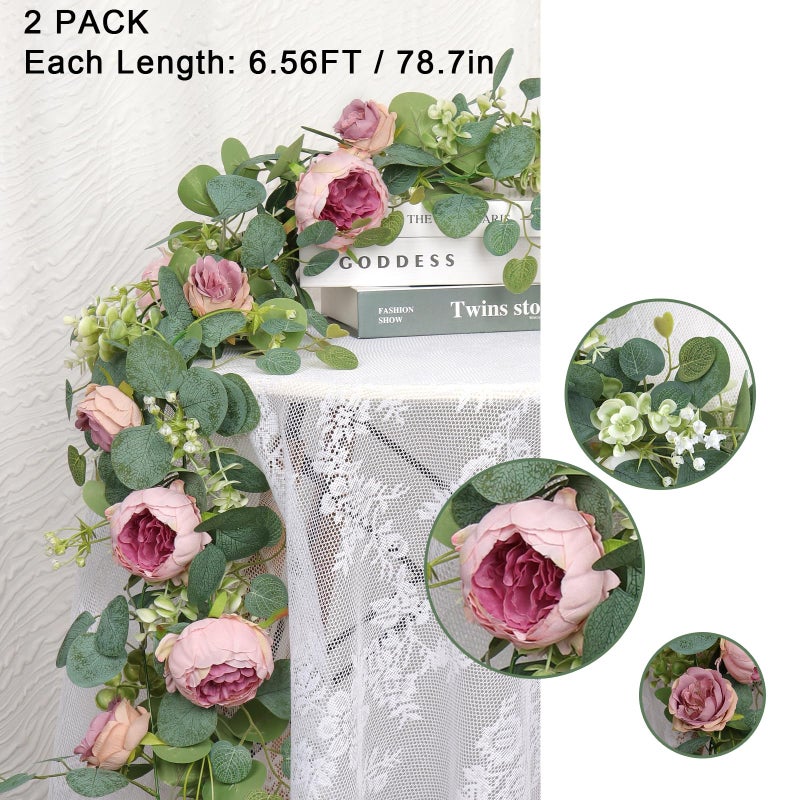 SOMYTING 2 Pack 13FT Flower Garland, Artificial Rose Vine Fake Flower Garland Silk Rose Peony Vines Faux Valentine Floral Garlands for Wedding Party Arch Table Backdrop Wall Decoration (Vintage Pink) - Image 4