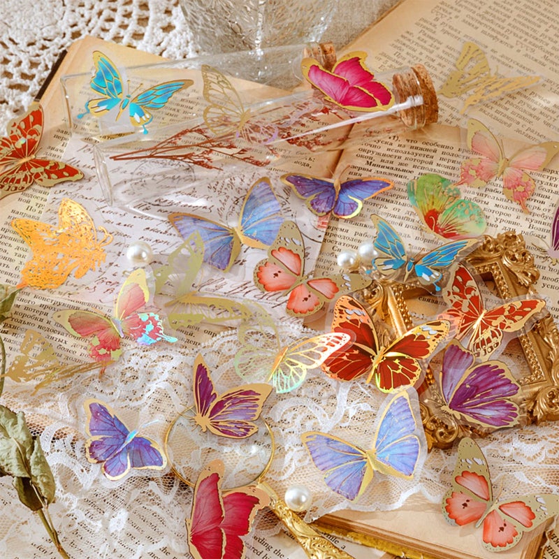 Aromoty Fairy Gold foil Holographic Stickers Set(120 pieces with 4 Themes)-Resin Transparent Waterproof Stickers,Butterfly,Flower Vintage letter Planner Stickers for Scrapbook Junk Bullet Journals - Image 2