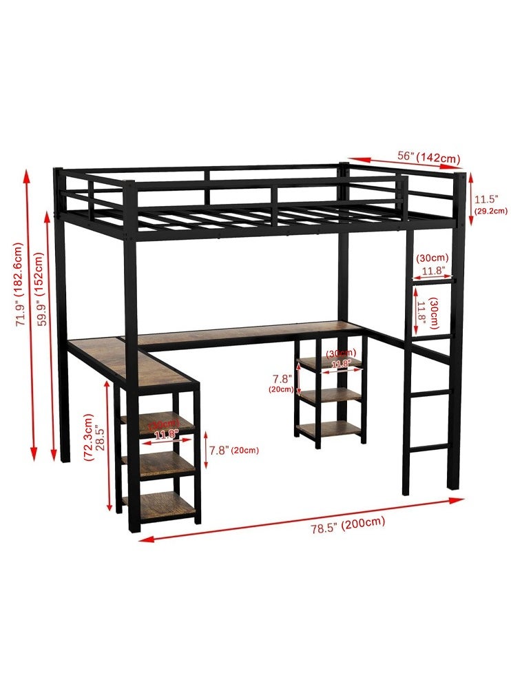 NOAEOU - Designs Metal Loft Bed, Furniture with L-Shape Desk and 6 Shelves, Space Saving Full Loft Bed with Desk Underneath for Kids,Teens,Girls,Boys,Black - Image 1