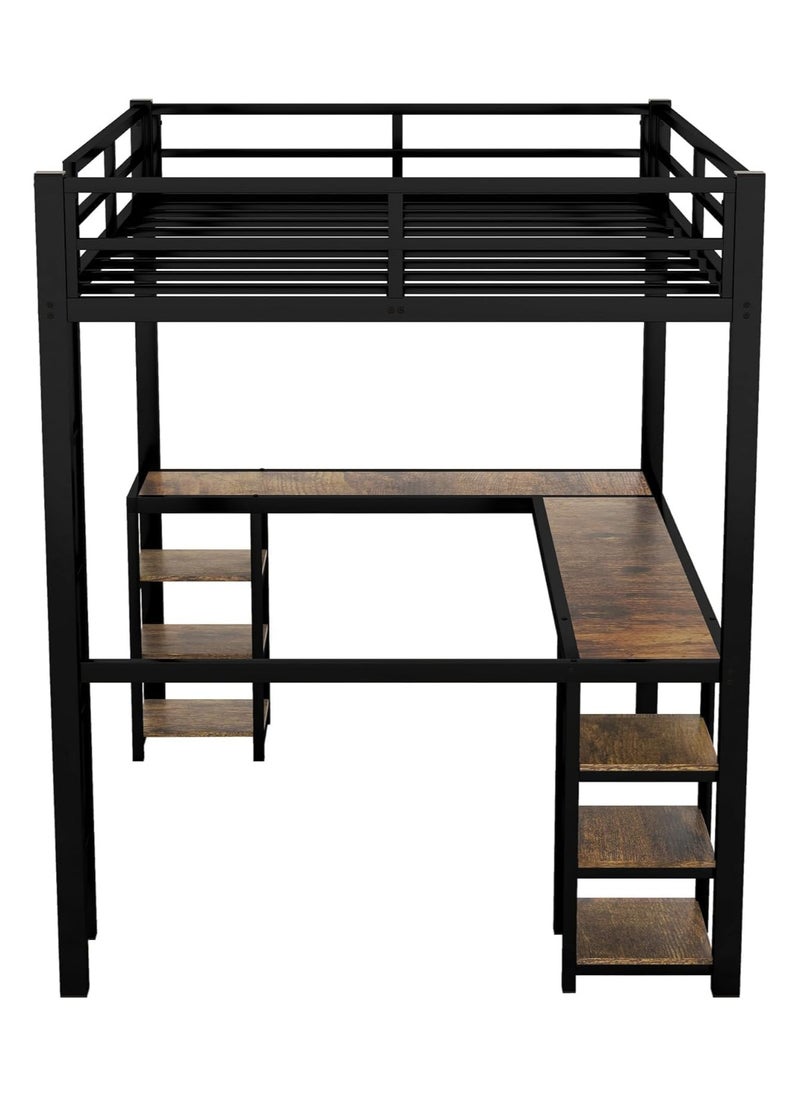 NOAEOU - Designs Metal Loft Bed, Furniture with L-Shape Desk and 6 Shelves, Space Saving Full Loft Bed with Desk Underneath for Kids,Teens,Girls,Boys,Black - Image 1