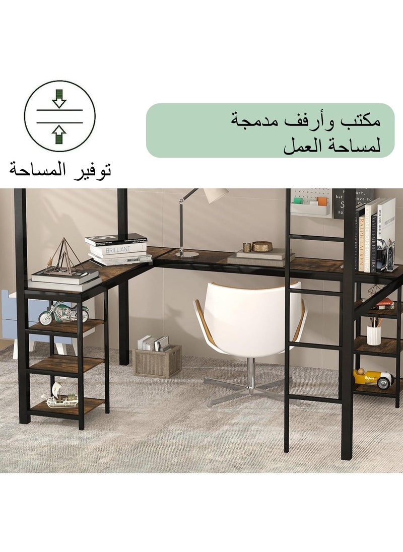 NOAEOU - Designs Metal Loft Bed, Furniture with L-Shape Desk and 6 Shelves, Space Saving Full Loft Bed with Desk Underneath for Kids,Teens,Girls,Boys,Black - Image 1