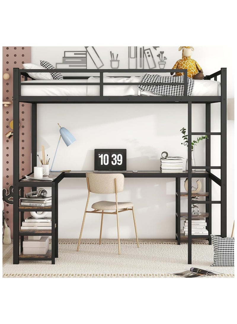 NOAEOU - Designs Metal Loft Bed, Furniture with L-Shape Desk and 6 Shelves, Space Saving Full Loft Bed with Desk Underneath for Kids,Teens,Girls,Boys,Black - Image 1